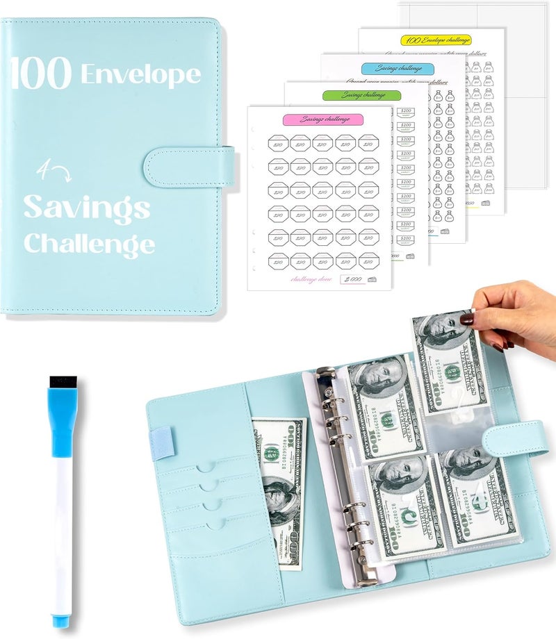 Flying Eagle 100 Envelopes Money Saving Challenge, Savings Budget Binder with Cash Envelopes Easy and Fun Way to Save $5050 with Envelopes & Challenge Tracker, Money Saving Binder 100 Pocket, Blue - Image 1
